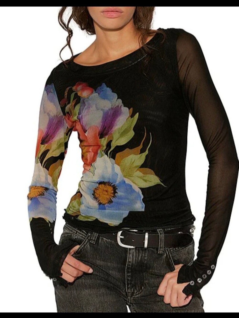 Free People Black Lilly Floral Printed Boat Neck Long Sleeve Mesh Top NWT $78 - Picture 2 of 10